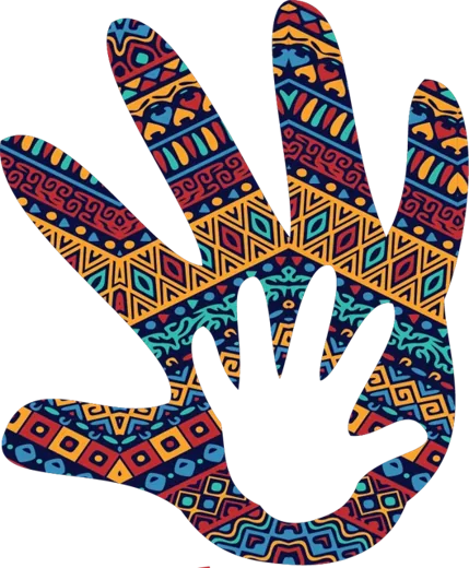 Mão grande com grafismos africanos coloridos envolvendo uma mão branca menor