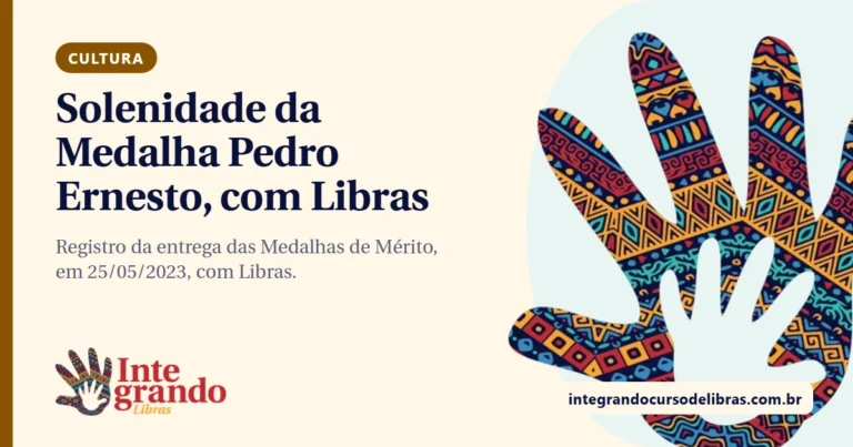 Capa do texto "Solenidade da Medalha Pedro Ernesto, com Libras", com a mão de padrão afro-brasileiro e o logo do Integrando Libras